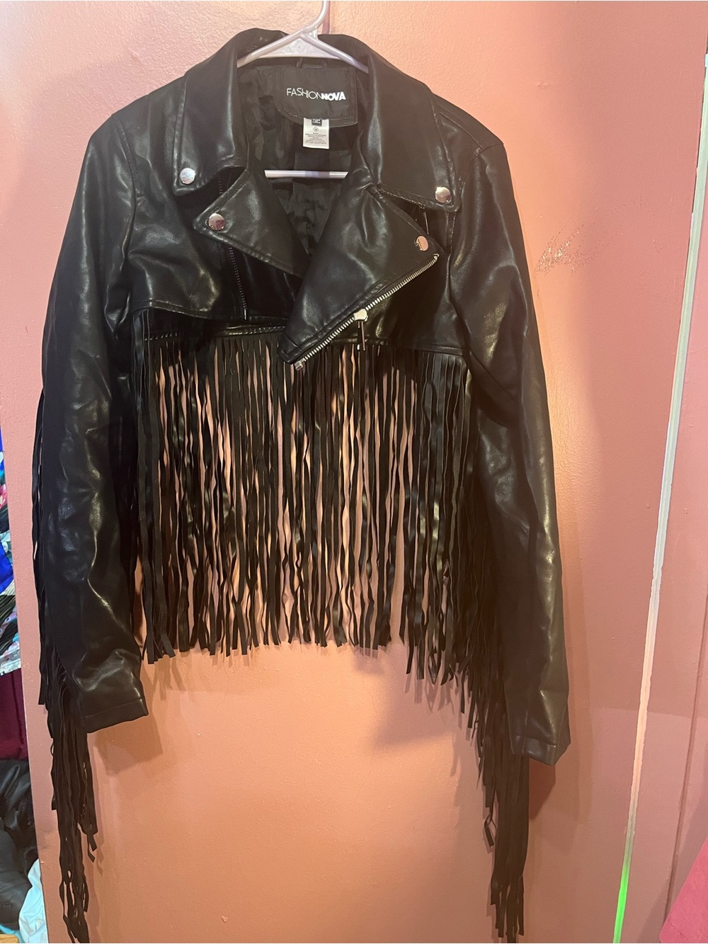 Fashion Nova Black Fringe Faux Leather Moto Jacket